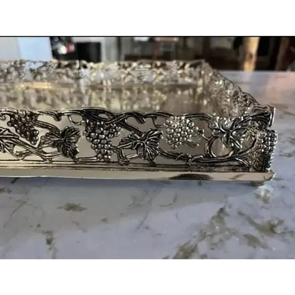 TRAY, NATURE HOME DÉCOR, GRAPE CLUSTER & LEAVES, MIRROR / SILVER